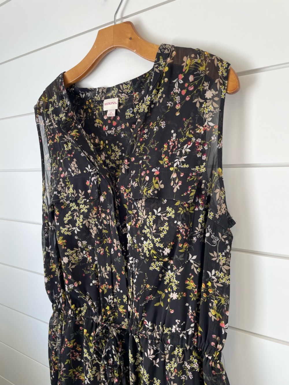 Womens Large Black Floral Crepe Spring Sleeveless Dress Hi Low Tie Waist Cottage